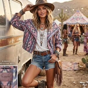 [BLANKNYC] Pink Purple Ikat Quilted Moto Jacket XS Boho Festival